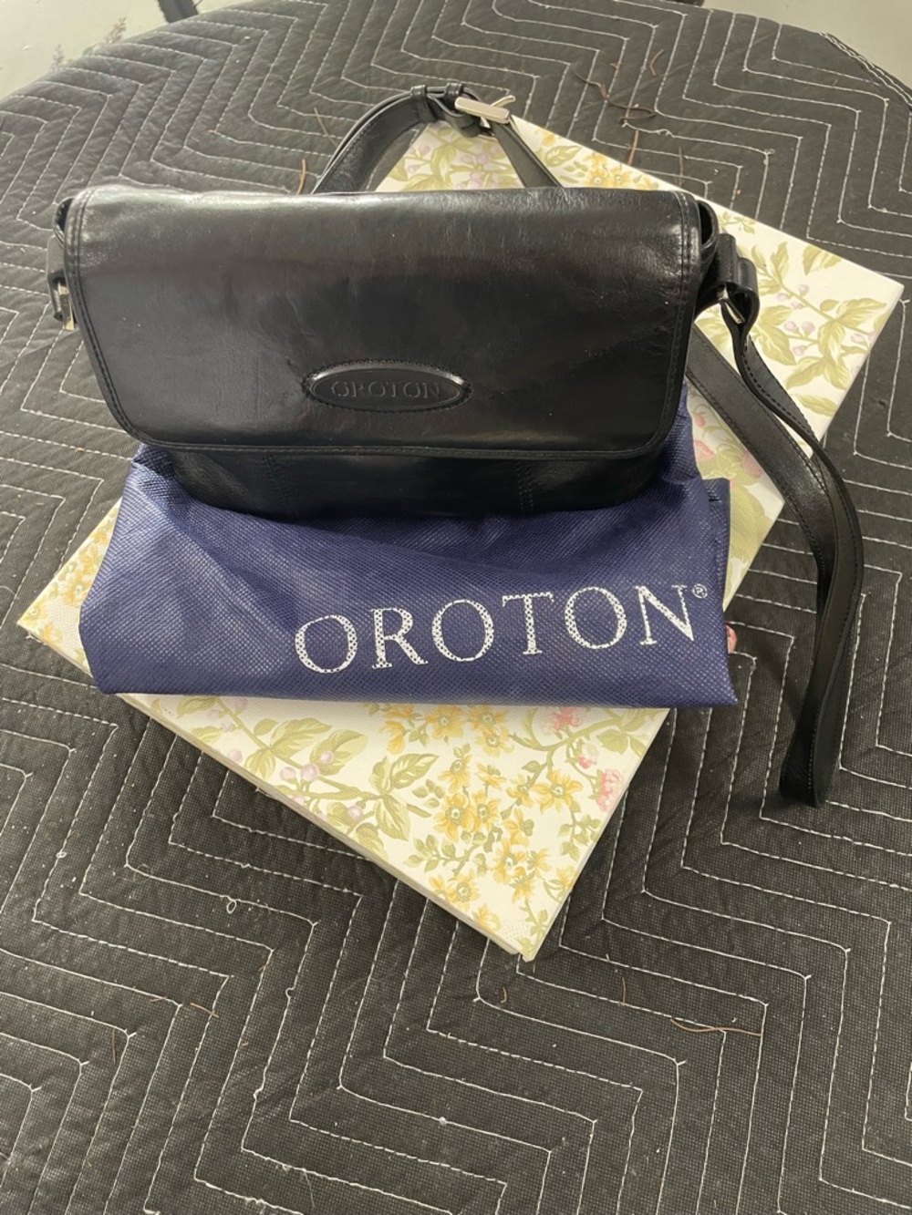 Oroton Black Leather Flap Shoulder Bag